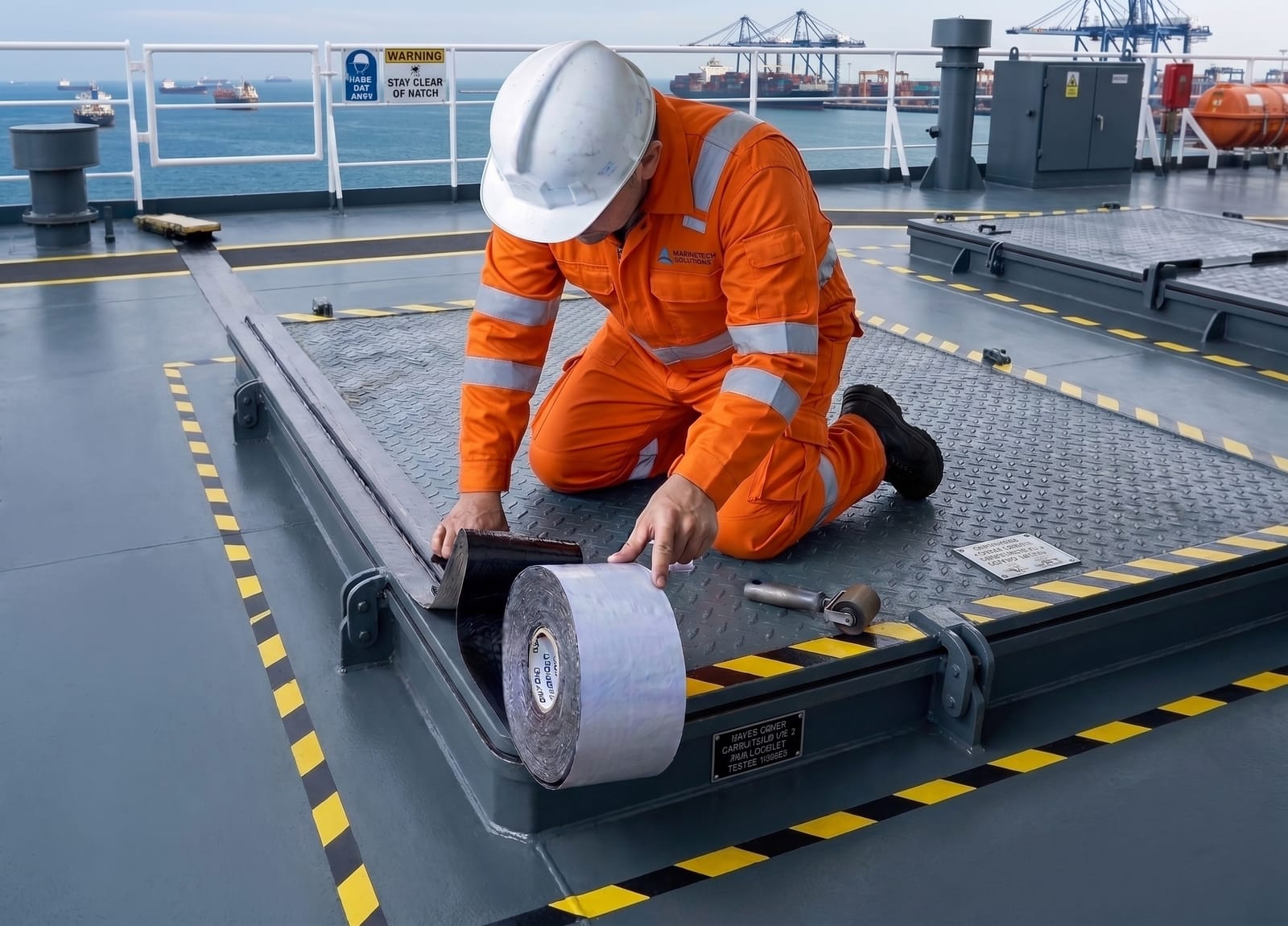 Crew member applying MF30 Hatch Cover Tape along a hatch cover joint