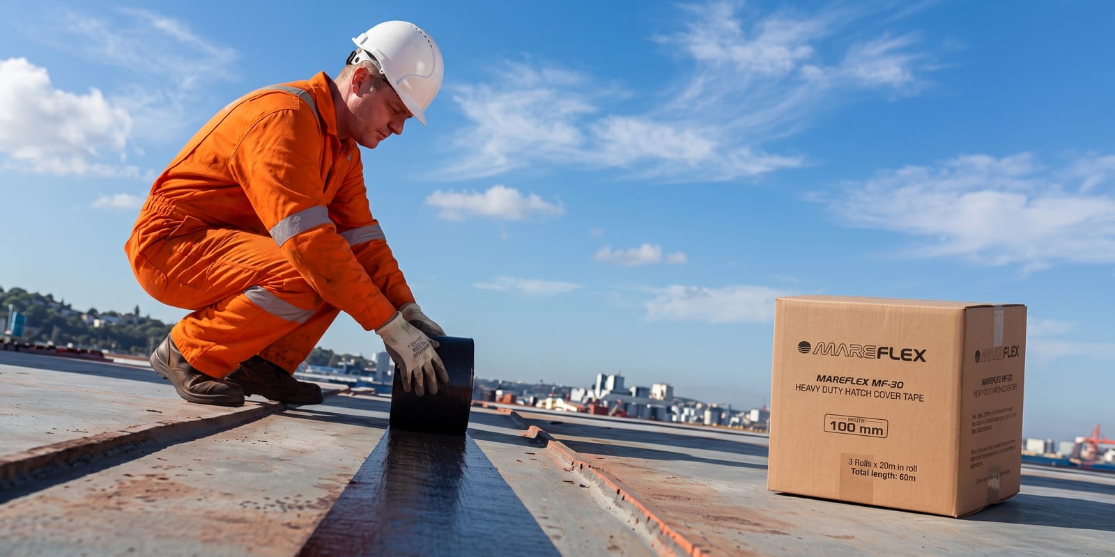 Crew member unrolling MF30 Hatch Cover Tape along a hatch cover joint
