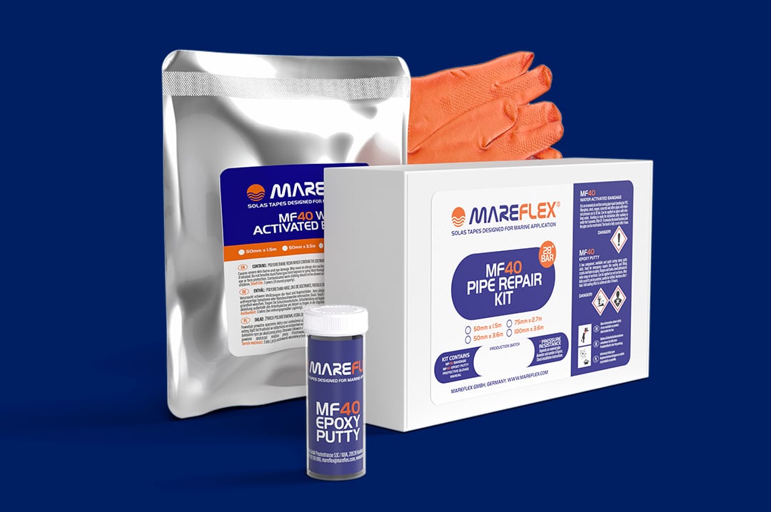 pipe repair kit in carton box with orange gloves epoxy putty tube